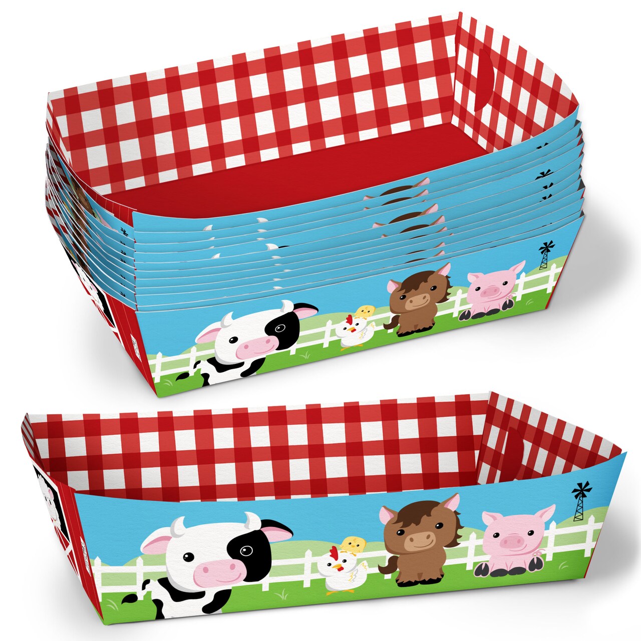 Big Dot of Happiness Farm Animals Party Paper Food Trays, Disposable Food Boats for Barnyard Party, Double-Sided Paper Meal Holders - 12 Ct